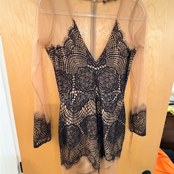For Love And Lemons Black Lace Mini Dress with Nude Slip - Picture 3 of 9